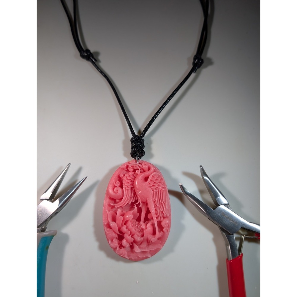 Pink Carved Crane Floral Pendant Necklace Adjustable Black Cord Cinnabar Style